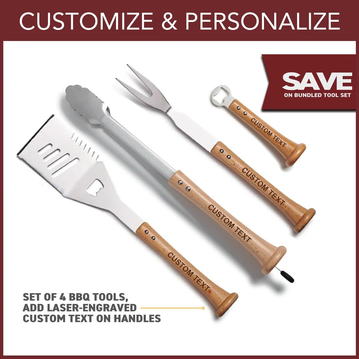 Home Run Grill Set 4-piece BBQ tools with customized wooden handles on Tampa Home & Garden Store