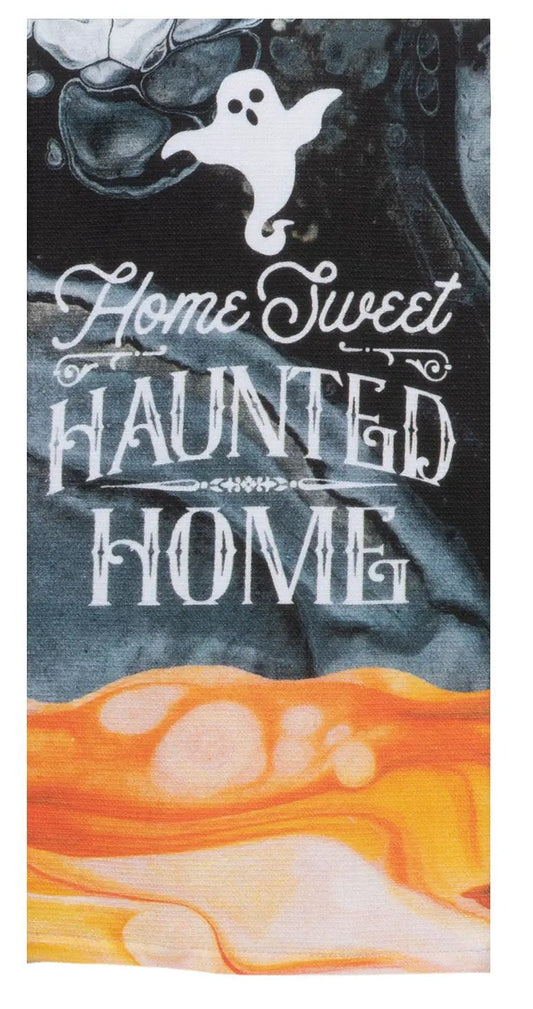 Home Sweet Haunted Home dual-purpose kitchen towel with ghost graphic, dark navy to orange on Tampa Home & Garden Store