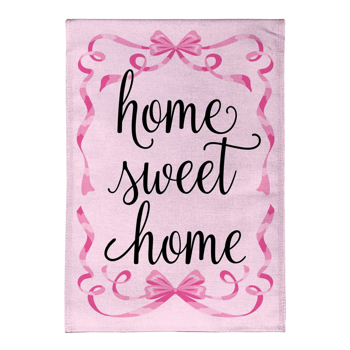 Home Sweet Home pink ribbon burlap garden flag with black cursive lettering and pink ribbon accents on Tampa Home & Garden Store