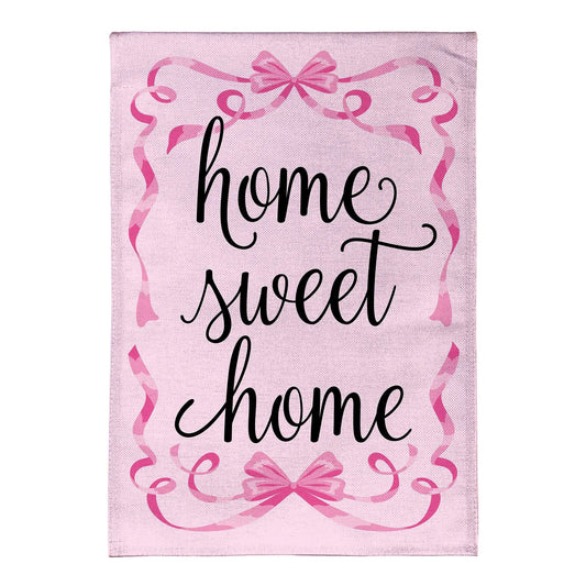Home Sweet Home pink ribbon burlap garden flag with black cursive lettering and pink ribbon accents on Tampa Home & Garden Store