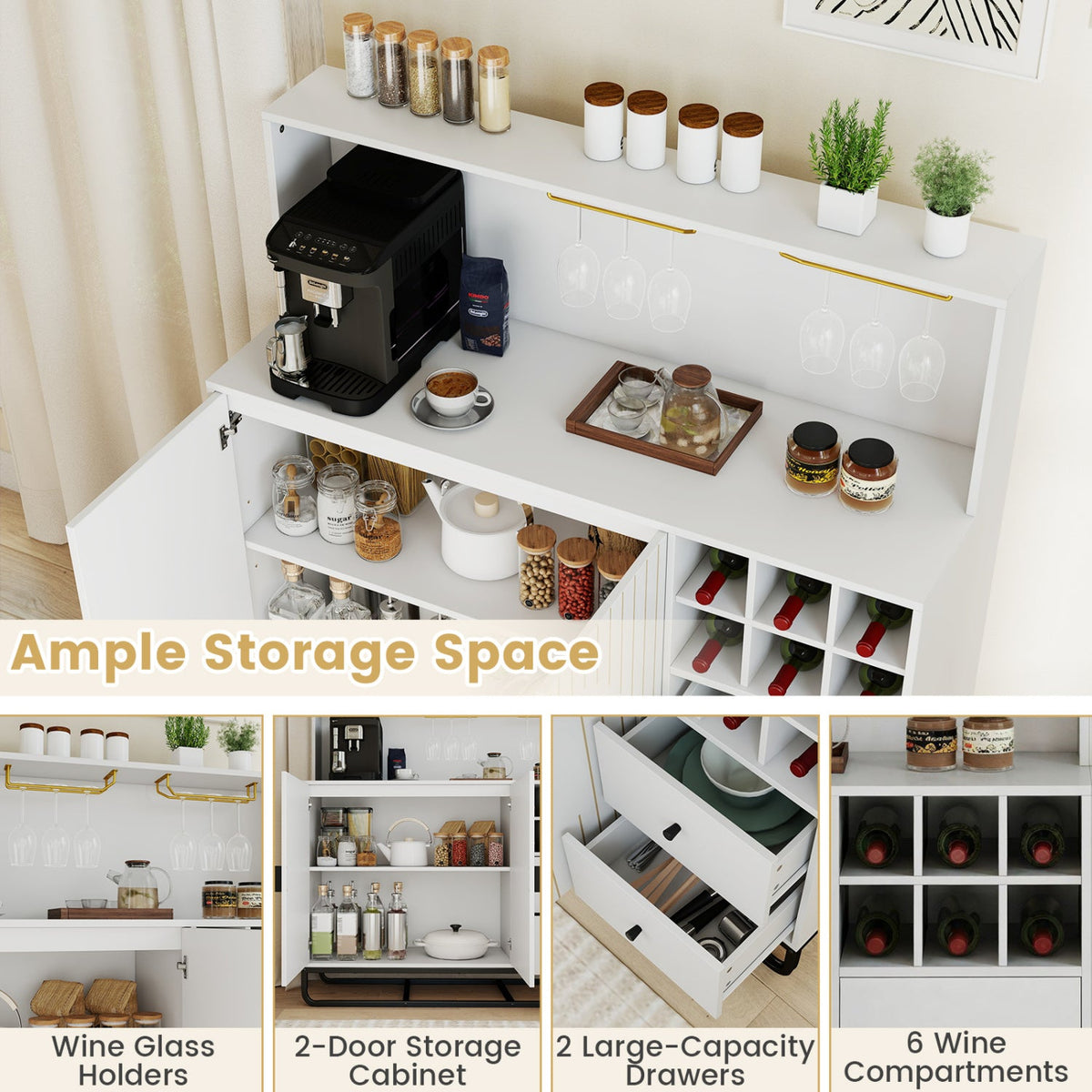 Bar Cabinet with Wine Rack and Glass Holder, white finish with gold rails, 47in wide on Tampa Home & Garden Store