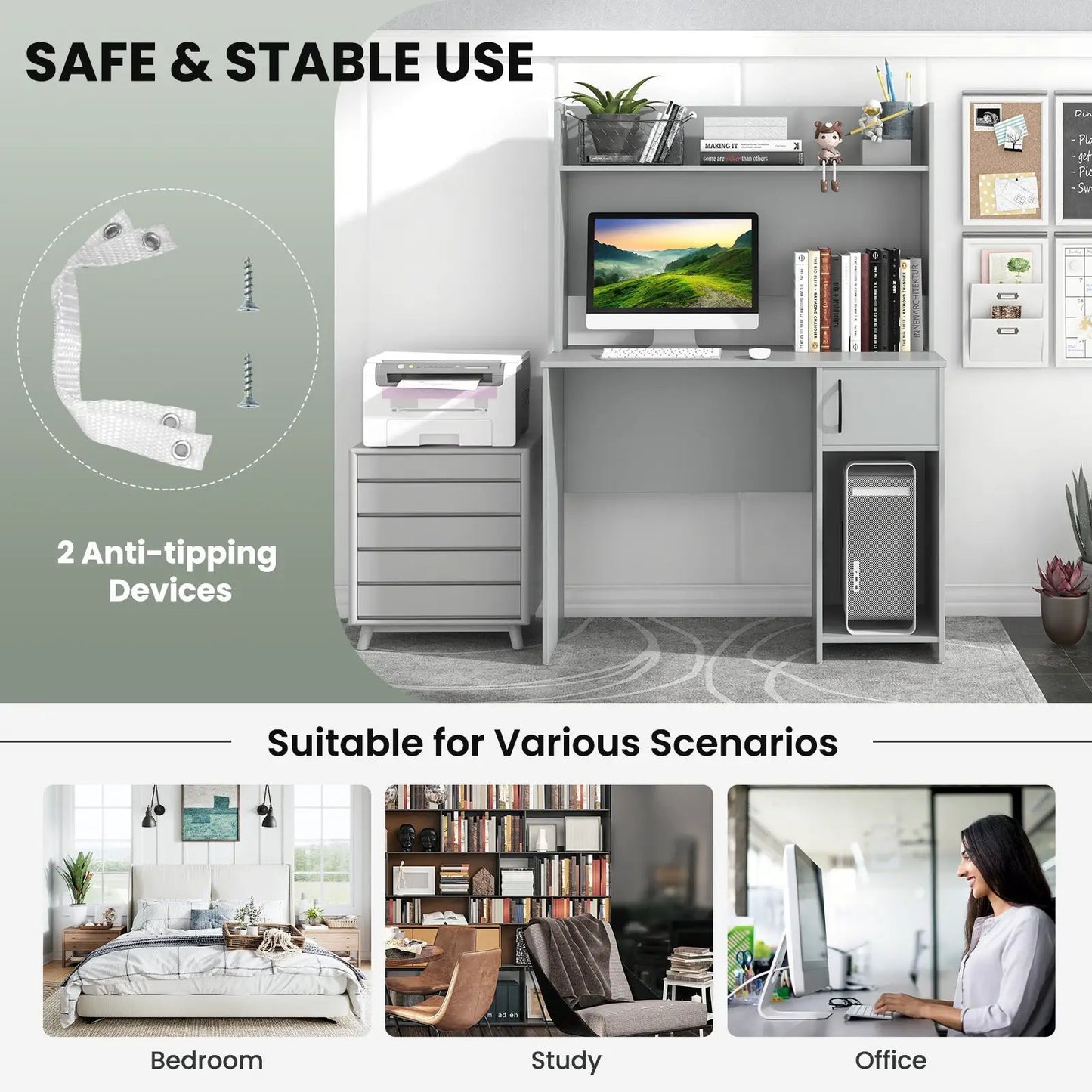 Home Office Desk with Raised Display Shelf and 2 Open Shelves-Gray - Tampa Home & Garden Store