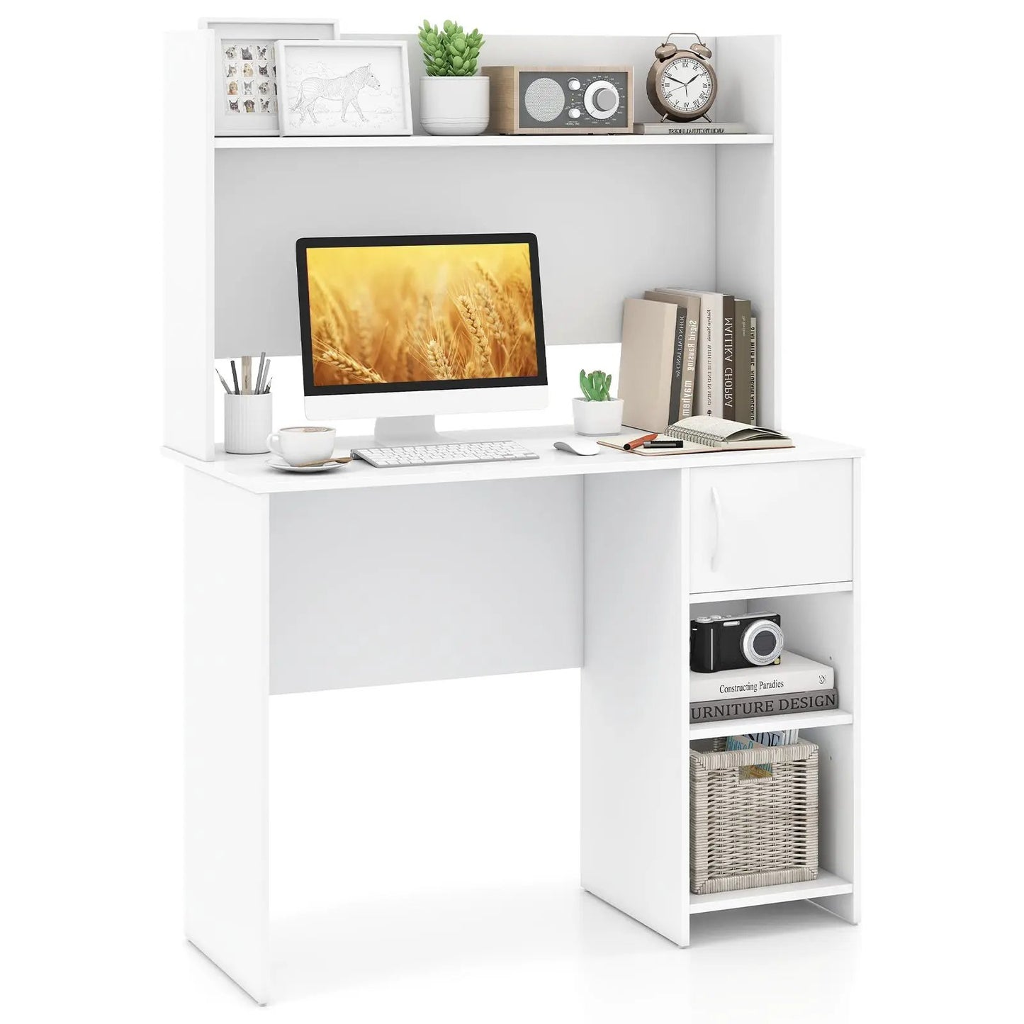 Home Office Desk with Raised Display Shelf in white finish and right-side open cubby storage on Tampa Home & Garden Store