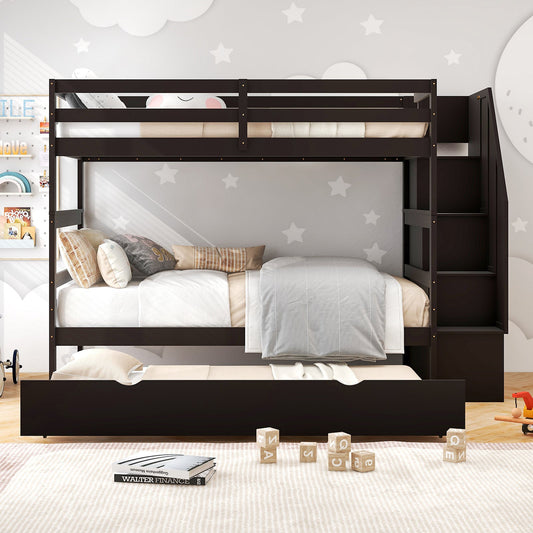 Home Wood Bunk Bed with Guard Rail and 4-step Storage Stairs No Box Spring Needed - Tampa Home & Garden Store