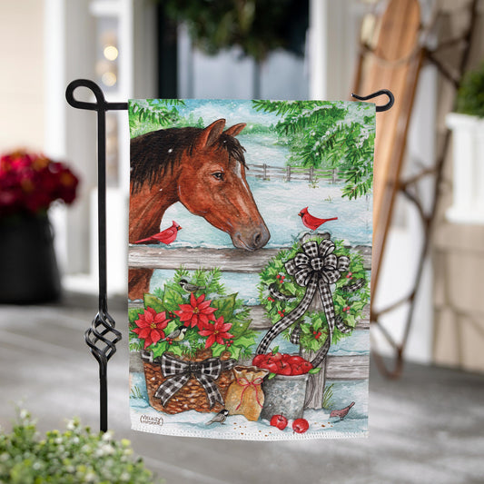 Horse and Cardinal Suede Garden Flag featuring brown horse, red cardinals and festive greenery on Tampa Home & Garden Store