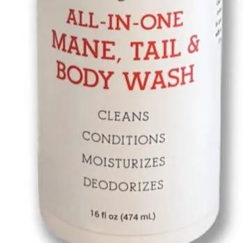 Equine Mane and Tail Body Wash bottle by The Tail Cinch, white plastic with red ALL-IN-ONE label on Tampa Home & Garden Store