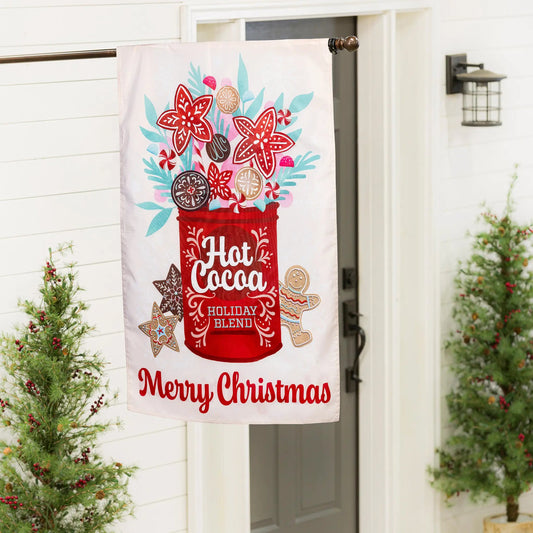 Hot Cocoa Holiday Applique Flag with red pocket and festive cocoa graphics on Tampa Home & Garden Store
