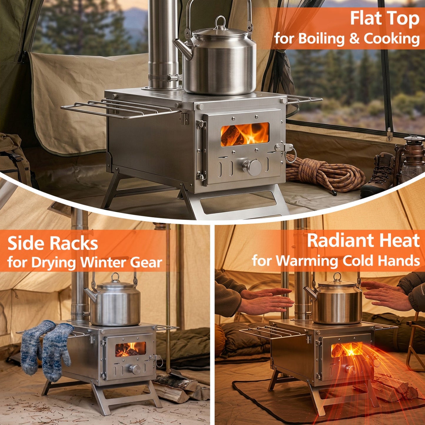 Portable Wood Burning Tent Stove by DirectDeals for camping with kettle on top on Tampa Home & Garden Store