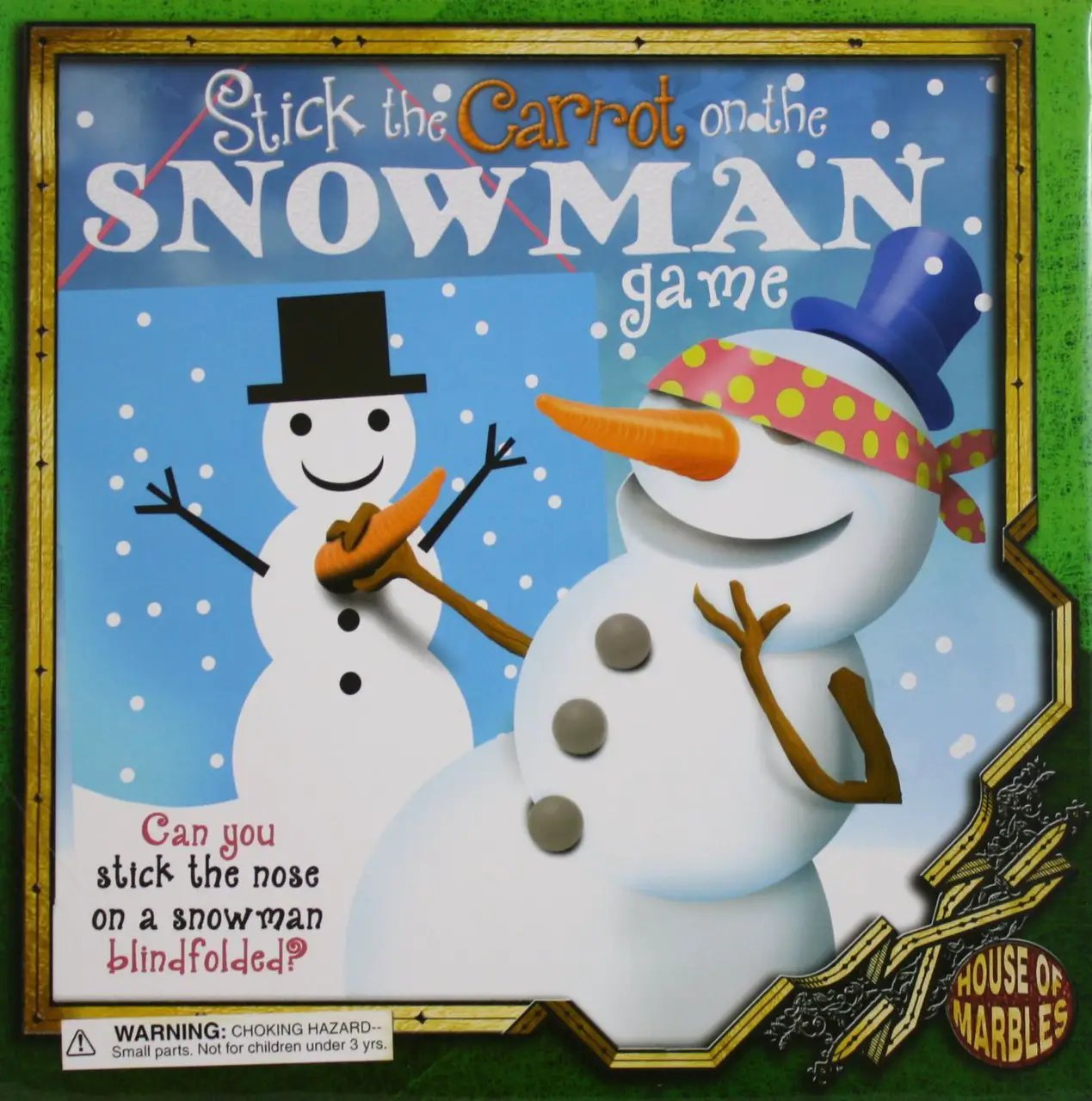 House of Marbles Snowman Carrot Pin the Tail Game box, colorful snowman artwork with carrot prop on Tampa Home & Garden Store