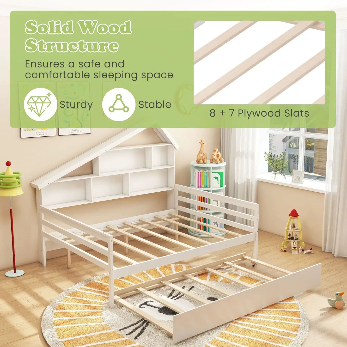 House-shaped daybed in white solid-wood with twin-size trundle in a kid's room on Tampa Home & Garden Store