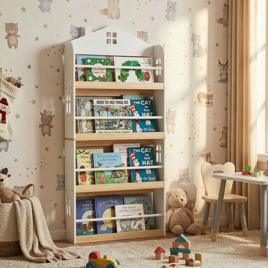 House-shaped kids bookshelf with anti-falling baffles, white frame and natural wood shelves on Tampa Home & Garden Store
