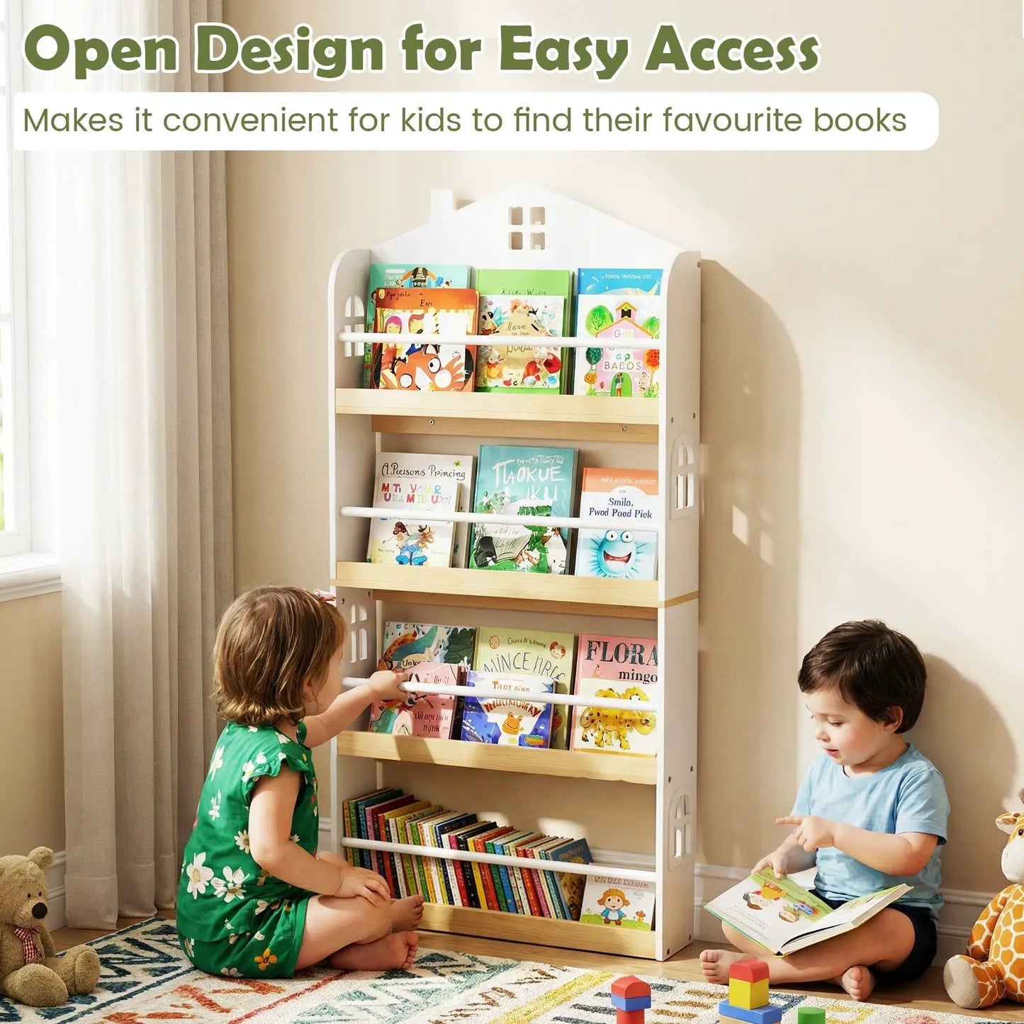 House-shaped kids bookshelf DirectDeals with anti-falling baffles and white wood shelves on Tampa Home & Garden Store