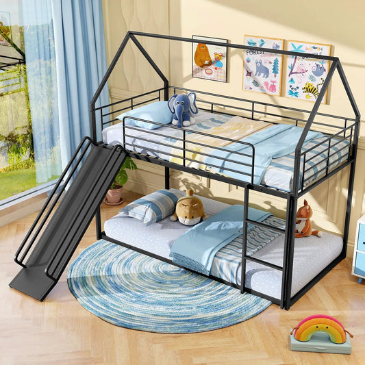 House-shaped twin-over-twin black metal bunk bed with built-in slide in a bright kids' room on Tampa Home & Garden Store