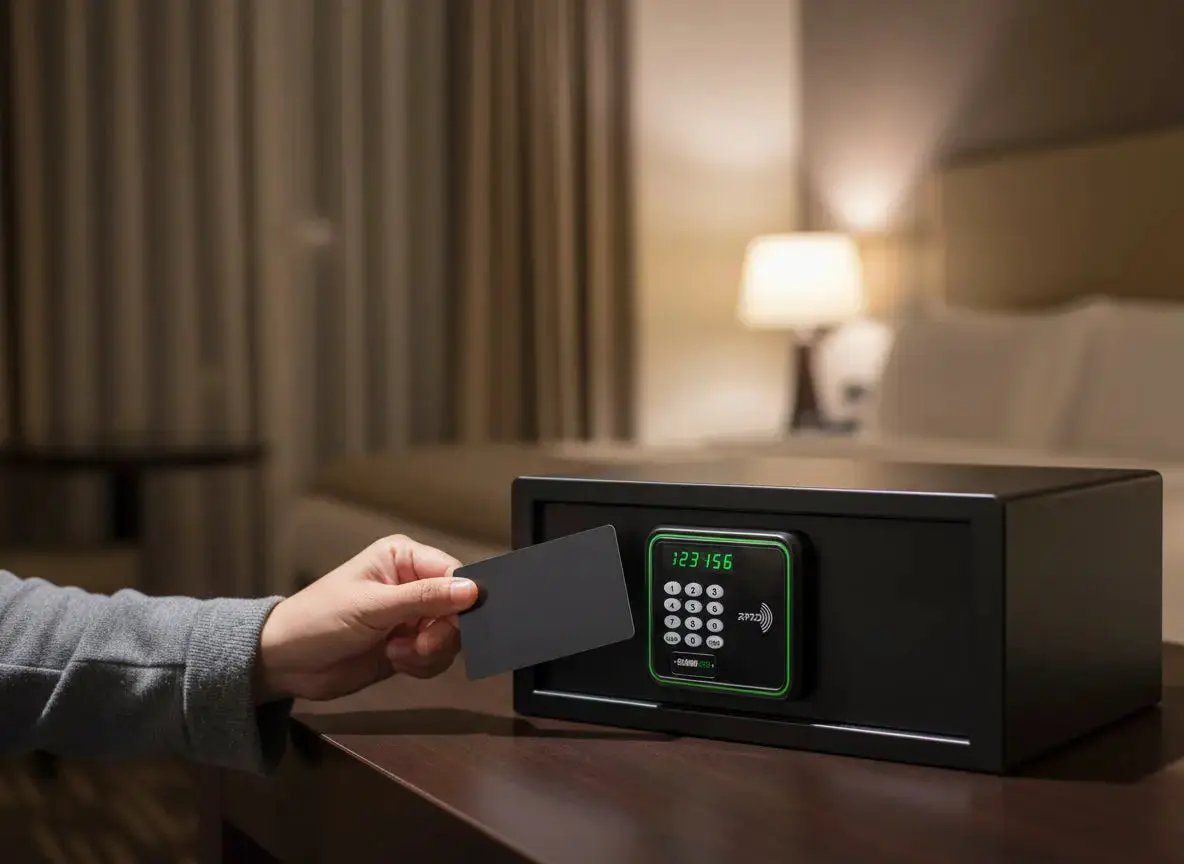 Hovia HOC2042 safe box with green-lit keypad, card access, black finish ISLANDSAFE on Tampa Home & Garden Store
