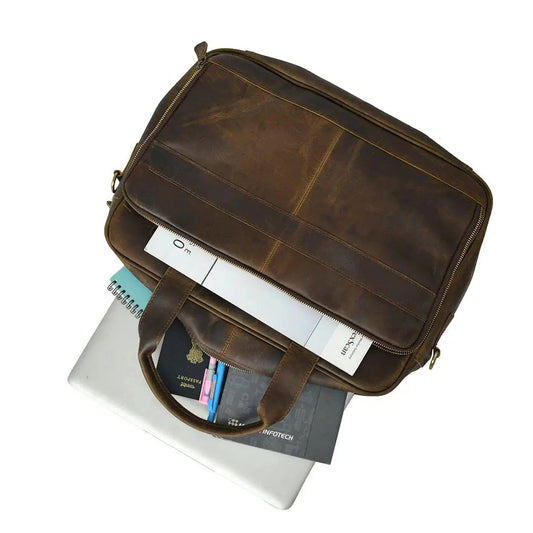 Hudson Office Briefcase and Crossbody Bag brown leather with zip closure on Tampa Home & Garden Store