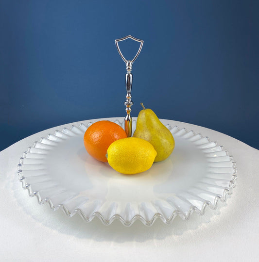 Huge Vintage Fenton Silver Crest Milk Glass Sweets Serving Stand with Silver Handle. White Bakery Serving Dish with Clear Ruffled Edge. - Tampa Home & Garden Store
