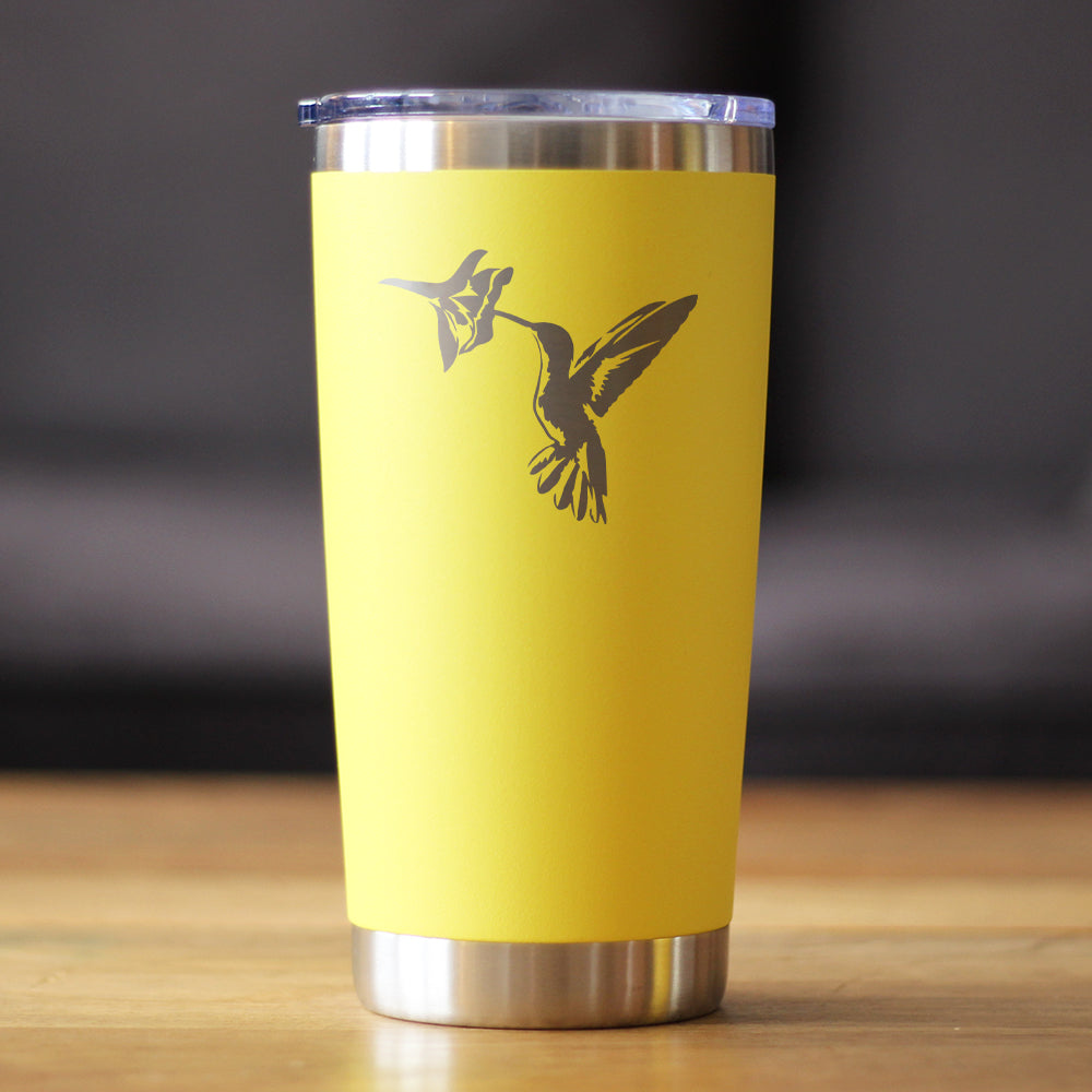 Hummingbird Insulated Coffee Tumbler yellow with sliding lid and stainless steel base on Tampa Home & Garden Store