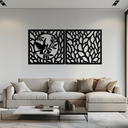 Hummingbird & Leaves Metal Wall Art - Elegant Dual Panel Steel Decor - KAF054 - Tampa Home & Garden Store