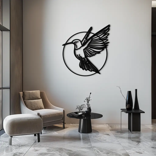 Hummingbird metal wall art in matte black steel with circular frame for modern decor on Tampa Home & Garden Store