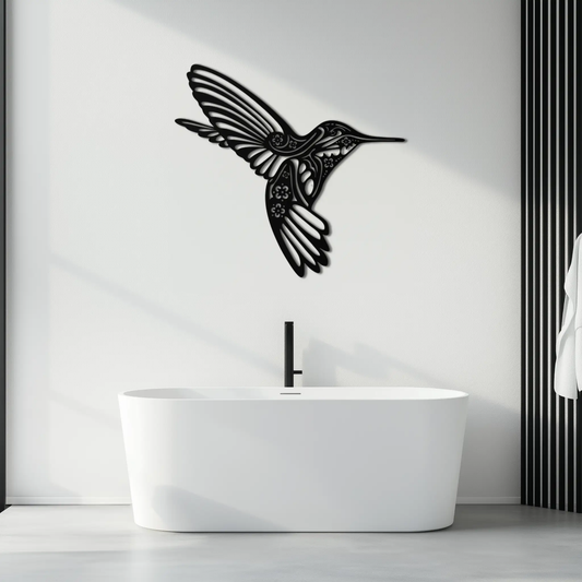 Hummingbird metal wall art, black silhouette with floral cutouts, modern Enova Art design on Tampa Home & Garden Store