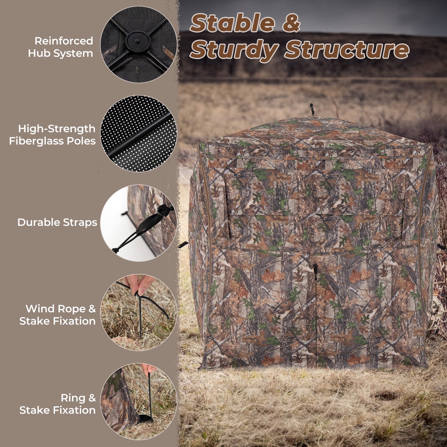 GemGear Hunting Blind 360° See-Through Ground Blind for 2-3, camo fabric with fiberglass poles on Tampa Home & Garden Store