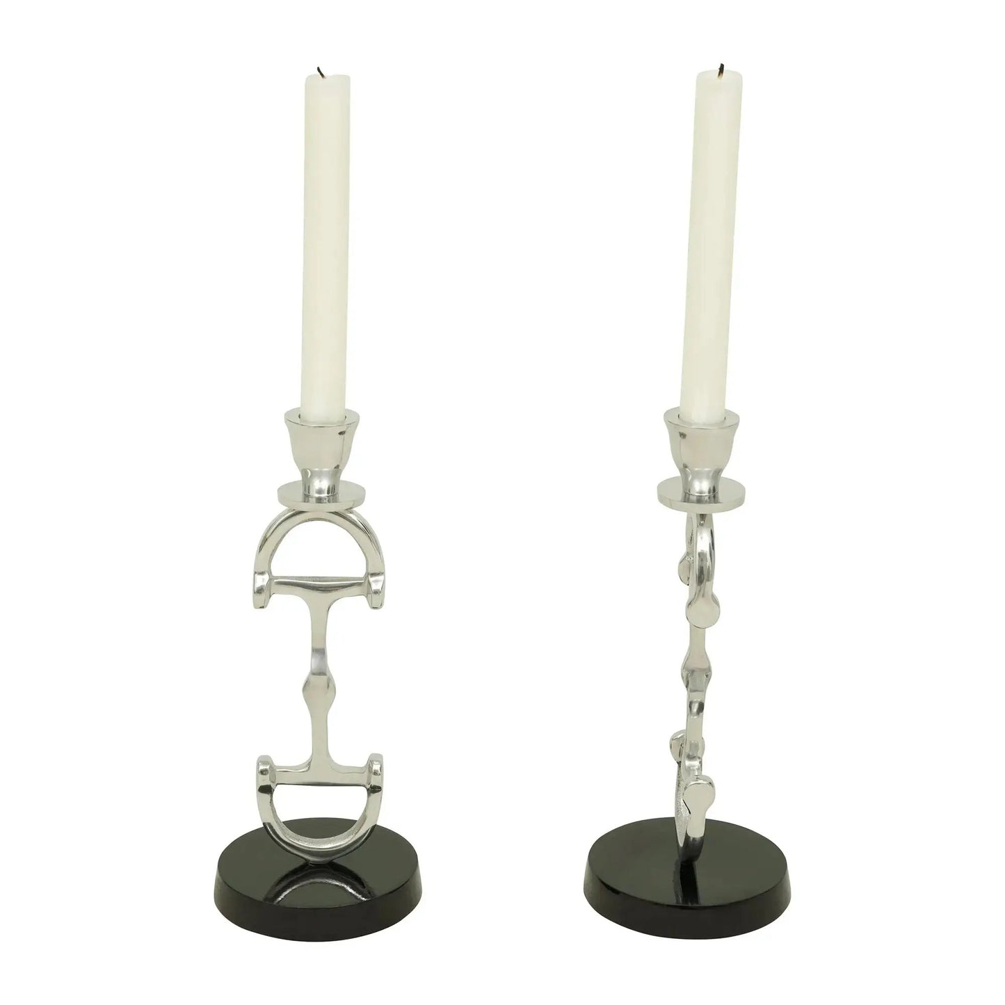 Huntley D Bit Candlesticks aluminum finish with two tall white taper candles on black bases on Tampa Home & Garden Store