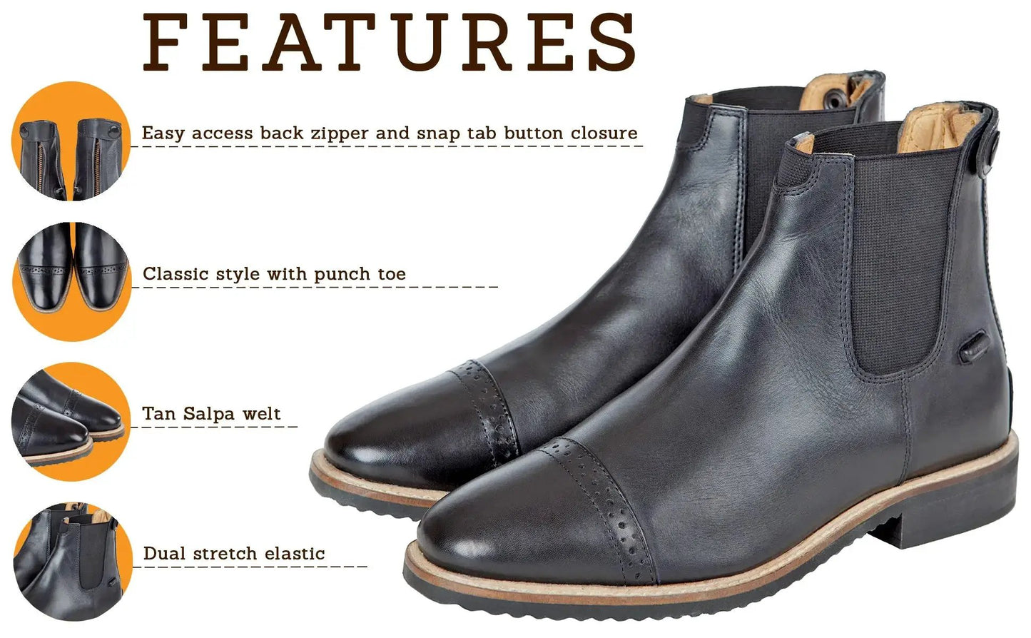 Huntley Equestrian Adult Black Leather Paddock Boot with back zip and elastic panels on Tampa Home & Garden Store
