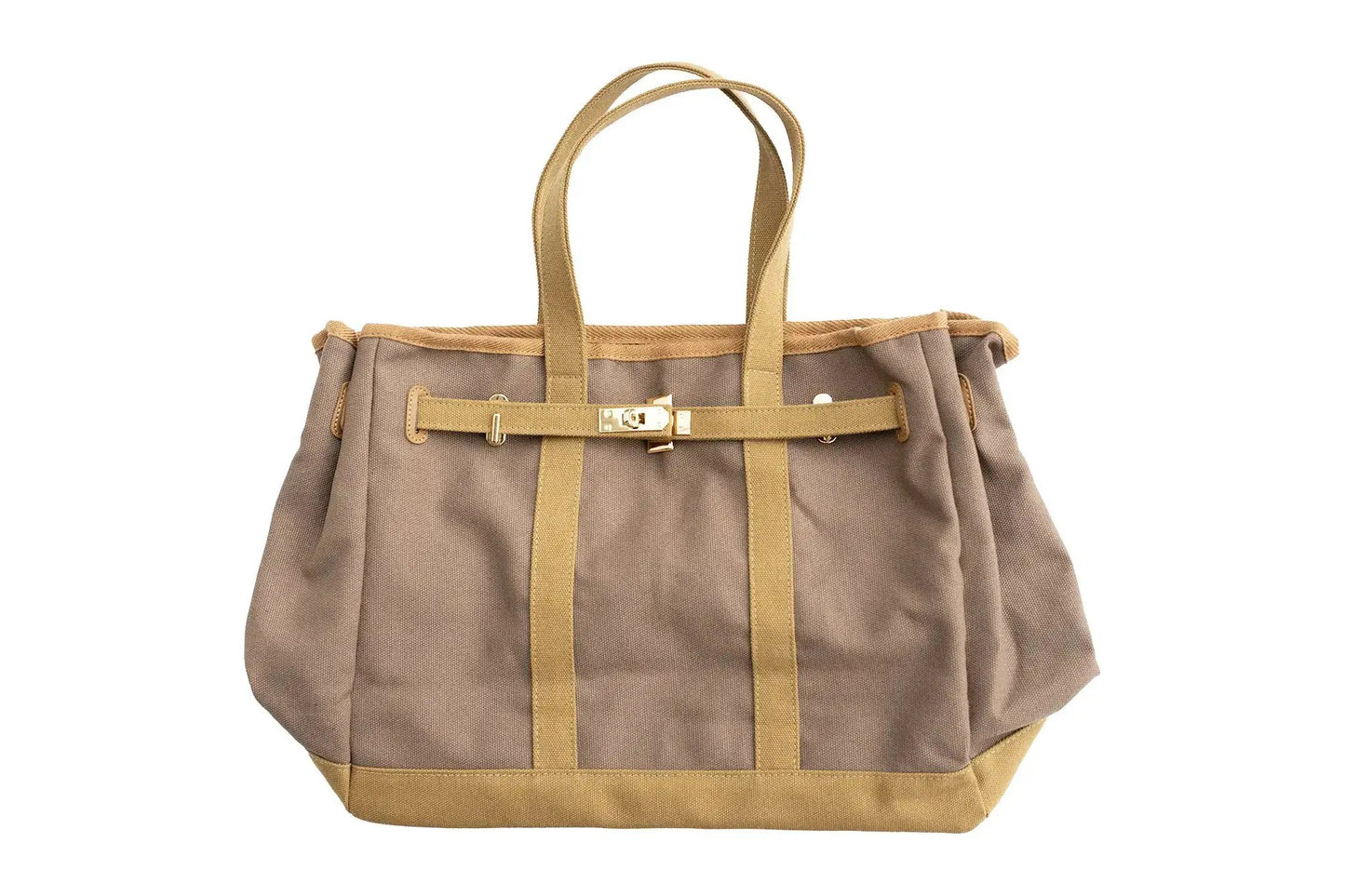 Huntley Equestrian brown tan two-tone canvas tote bag with gold hardware on Tampa Home & Garden Store