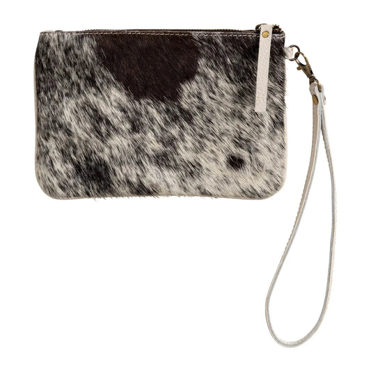 Huntley Equestrian cowhide wristlet with zipper, black white spotted hide, cream strap on Tampa Home & Garden Store