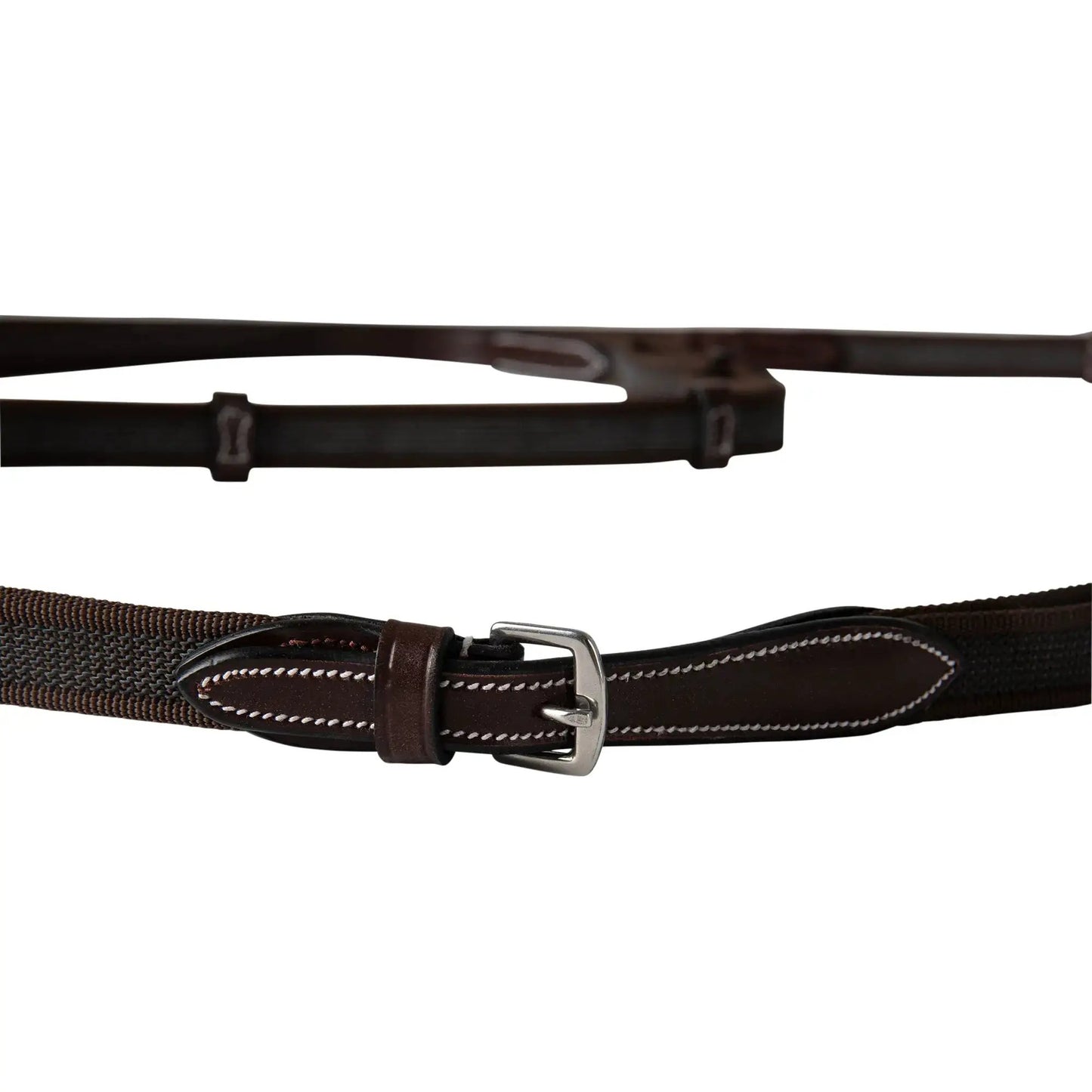 Huntley Equestrian double-layer web grip reins pair in dark brown leather and webbing on Tampa Home & Garden Store