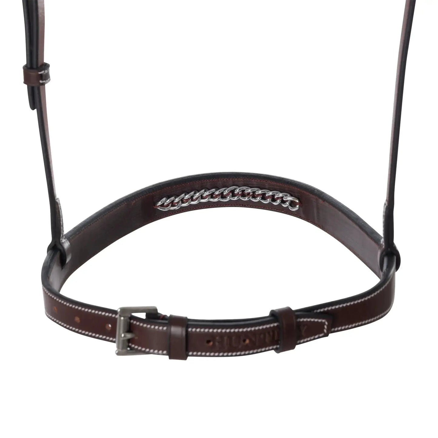 Huntley Equestrian Fancy Stitched Raised Chain Noseband brown leather with silver chain on Tampa Home & Garden Store
