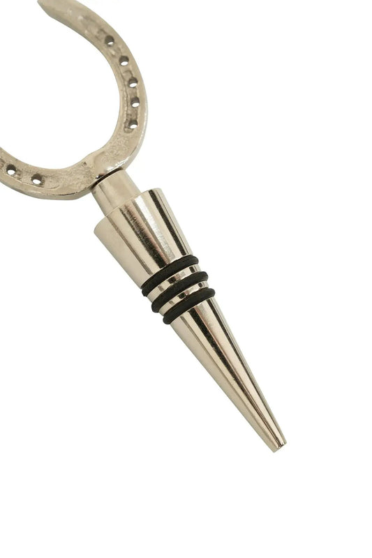 Huntley Equestrian horseshoe bottle stopper with silver metal finish and ribbed chrome stem on Tampa Home & Garden Store