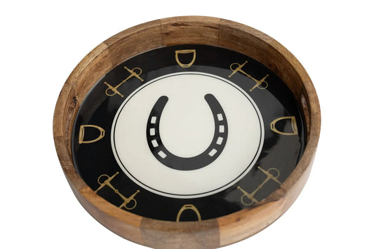 Huntley Equestrian wooden tray with black interior gold-tone horseshoe and bit motifs on rim on Tampa Home & Garden Store