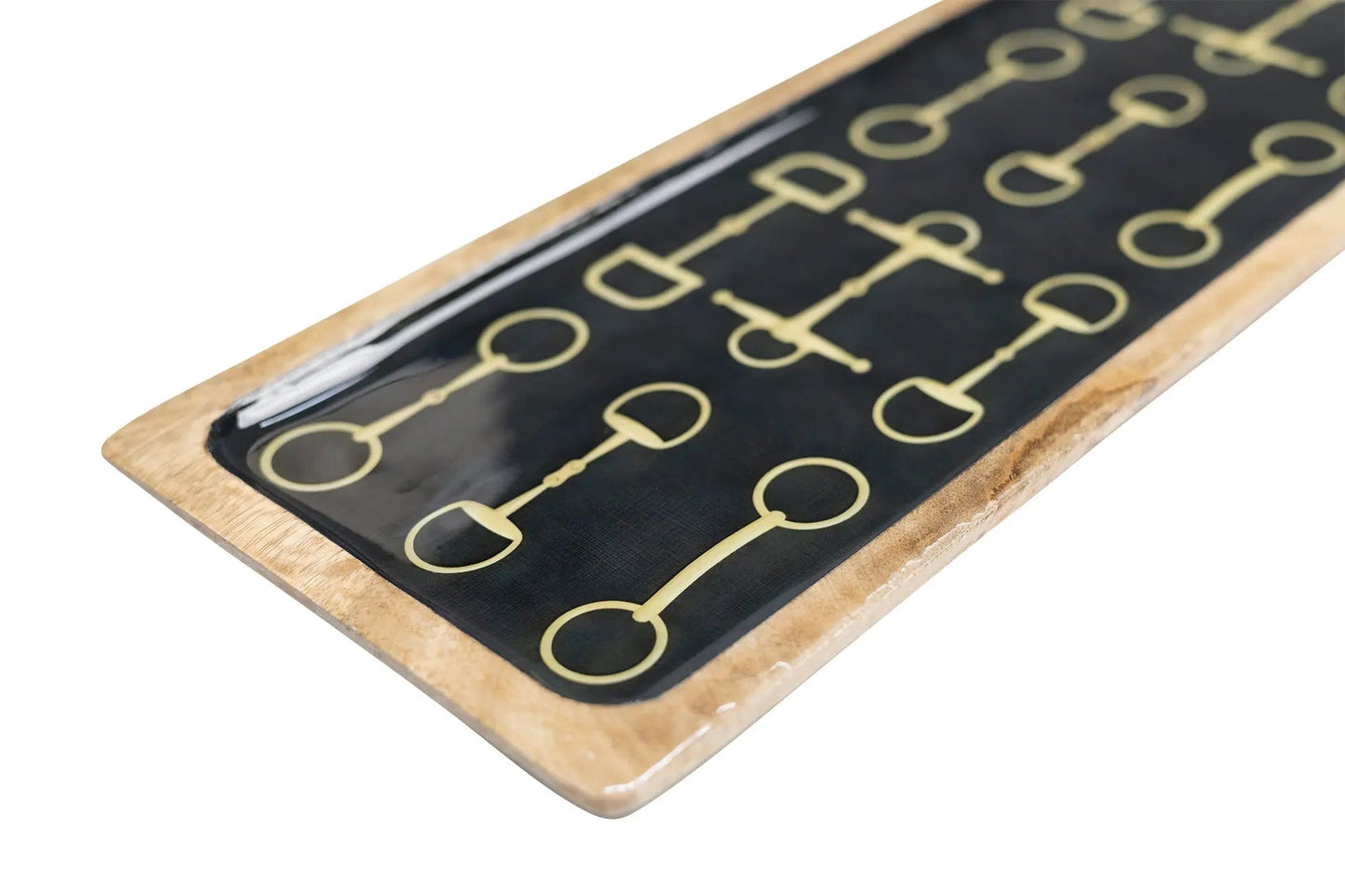 Huntley Equestrian snaffle long wooden serving tray with black interior and gold motif on Tampa Home & Garden Store