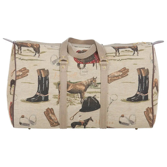 Huntley Equestrian Duffle Bag English Design beige tapestry with riding boots and horses; brown trim on Tampa Home & Garden Store