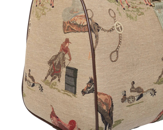 Huntley Equestrian Duffle Bag tapestry Western design beige fabric with brown piping on Tampa Home & Garden Store