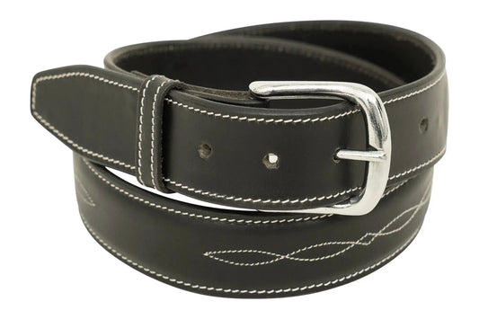 Huntley Fancy Stitched Ladies Leather Belt black leather 1.5in wide with white stitching and silver buckle on Tampa Home & Garden Store