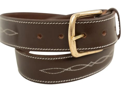 Huntley Fancy Stitched Ladies Leather Belt brown with brass buckle 1.5 in wide on Tampa Home & Garden Store