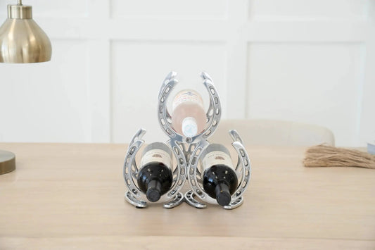 Huntley Horseshoe 3-Bottle Aluminum Wine Rack with three bottles, silver finish on Tampa Home & Garden Store