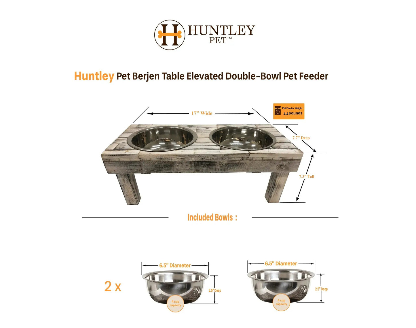 Huntley Berjen Table Elevated Double-Bowl Pet Feeder with two stainless bowls on wood stand on Tampa Home & Garden Store