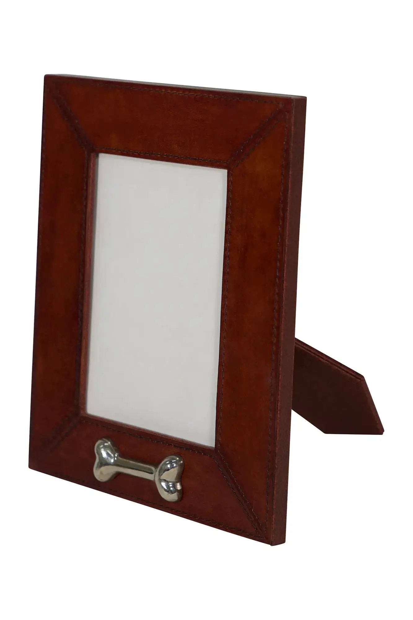 Huntley Leather Pet Picture Frame with Silver Bone Accent brown leather tabletop stand on Tampa Home & Garden Store