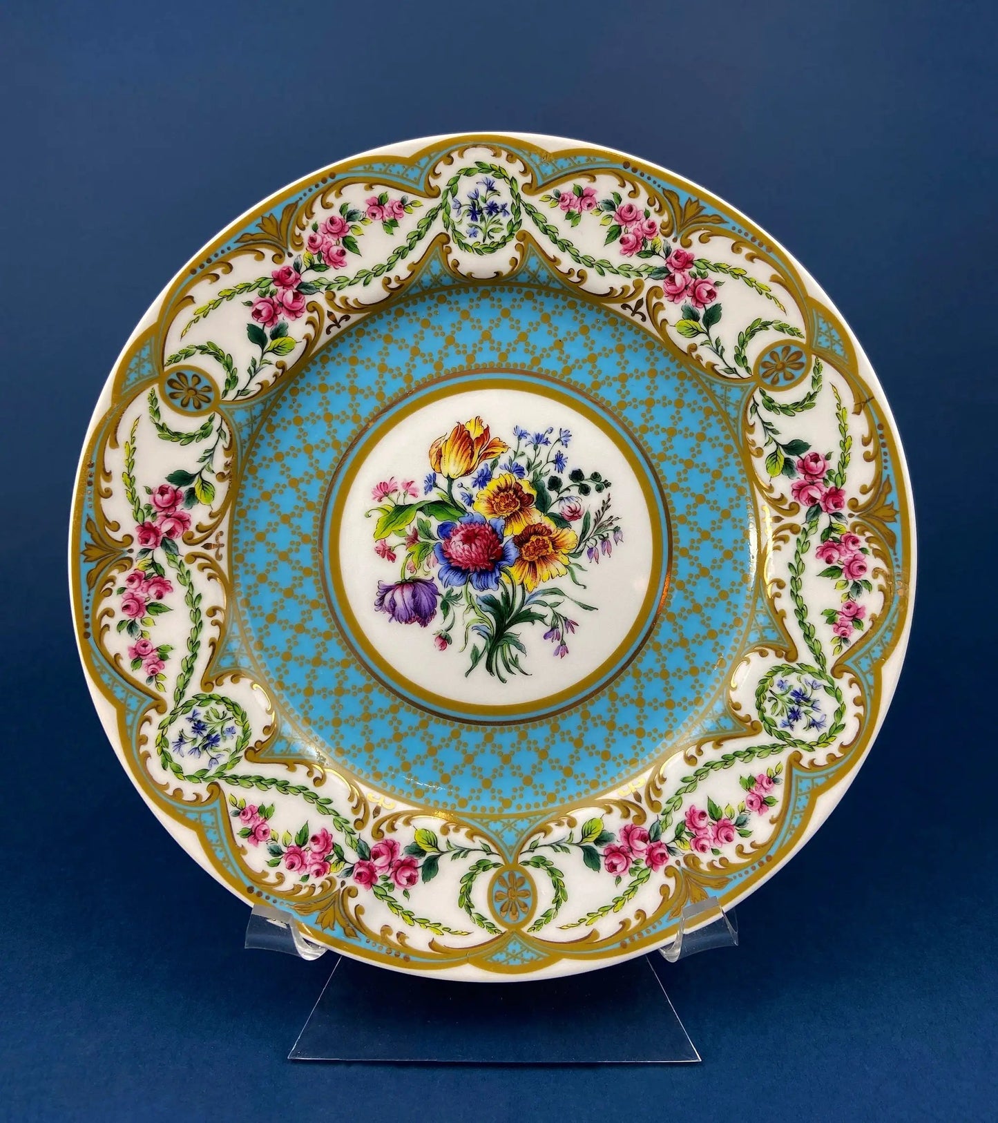 Hutschenreuther Ursula Band Floral Art Wall Plate decorative ceramic with blue lattice center on Tampa Home & Garden Store