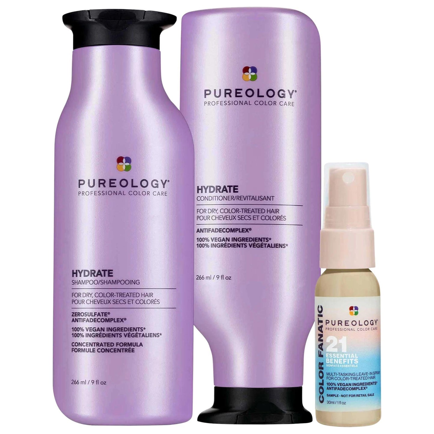 Pureology Hydrate Shampoo & Color Fanatic set in lavender bottles for dry color-treated hair on Tampa Home & Garden Store