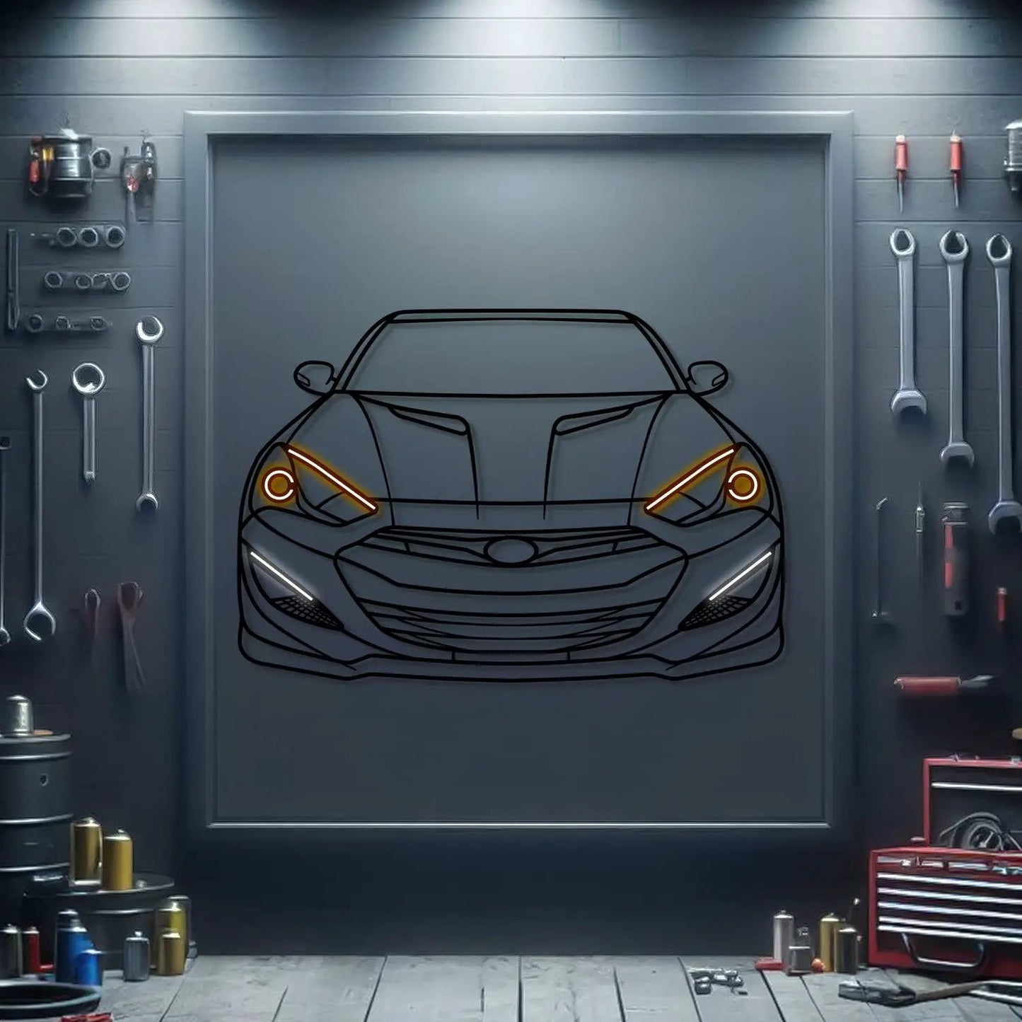 Genesis Coupe 3 8 Track Front View Metal Wall Art in black line art with orange headlights on Tampa Home & Garden Store