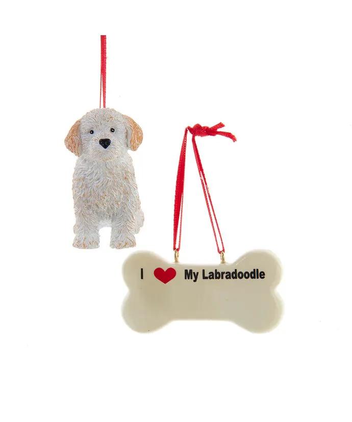 I Love My Labradoodle Ornament Set with Bone — 2 hanging ornaments Labradoodle plush and bone-shaped, red ribbons on Tampa Home & Garden Store