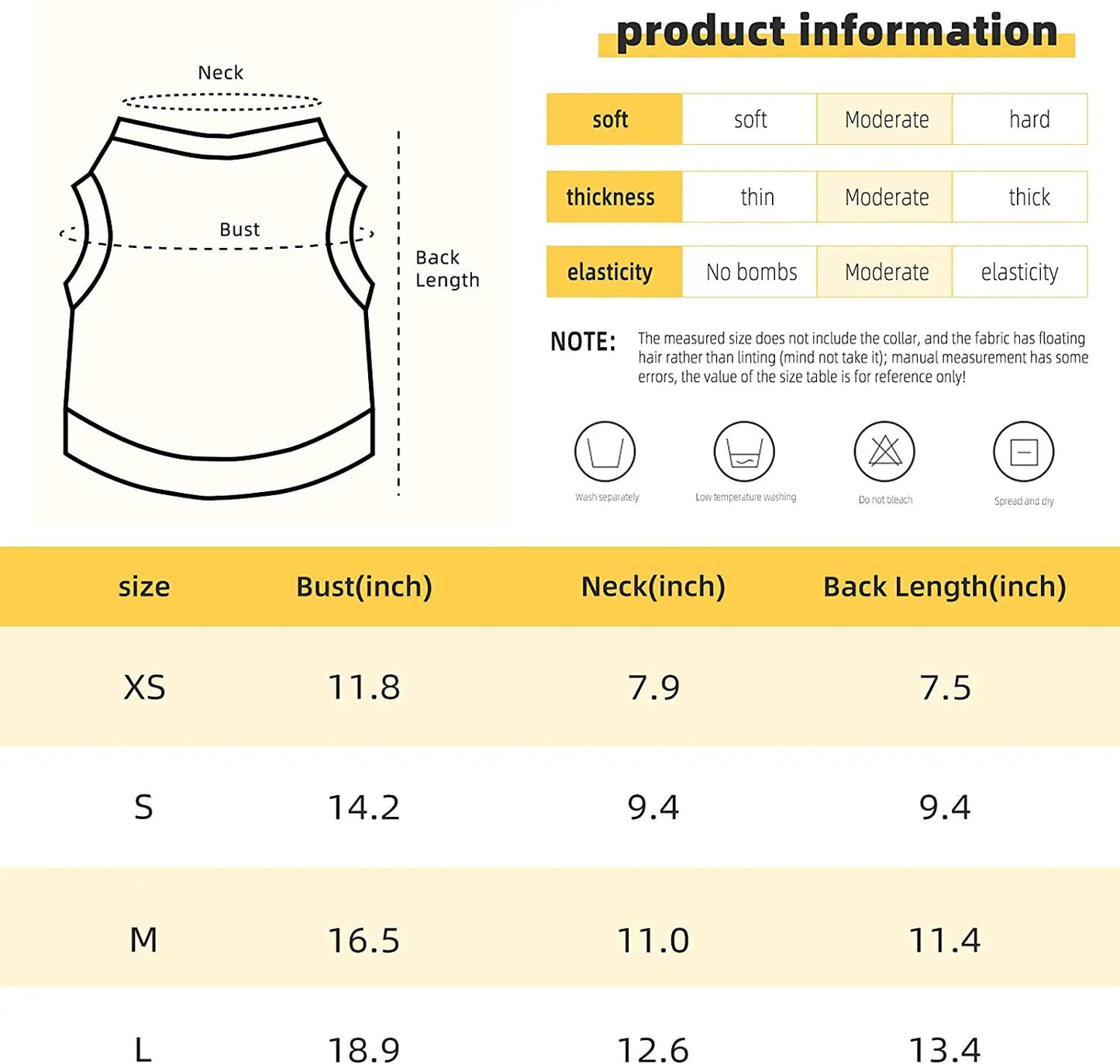Dog Cat Puppy Pet Shirt size chart with bust neck and back length XS–L on Tampa Home & Garden Store