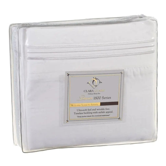 Queen Size White Microfiber 4-Piece Sheet Set in clear packaging with label on Tampa Home & Garden Store