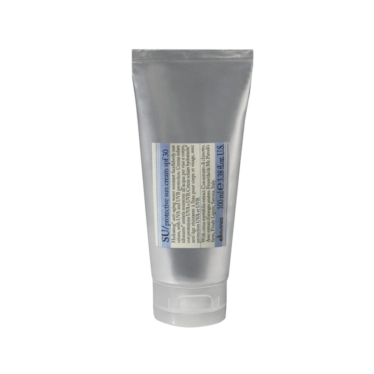 Davines Sunscreen Cream SPF 30 tube, silver squeeze bottle with blue label travel-size sunscreen on Tampa Home & Garden Store