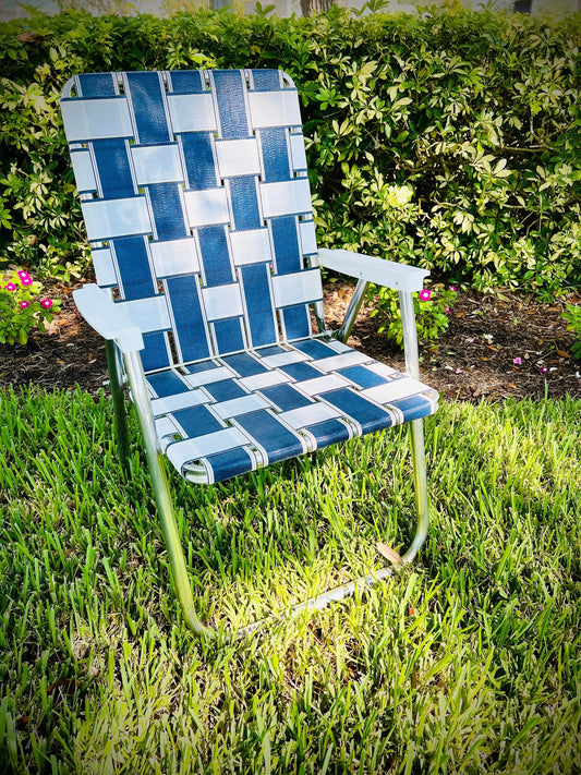 Saint Augustine Classic lawn chair with blue and white woven straps on aluminum frame on Tampa Home & Garden Store