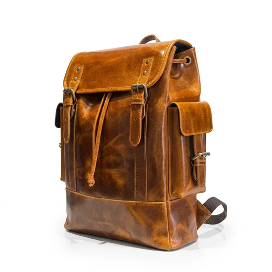 Handcrafted Earthen Leather Laptop Backpack brown leather with front flap and buckle closures on Tampa Home & Garden Store